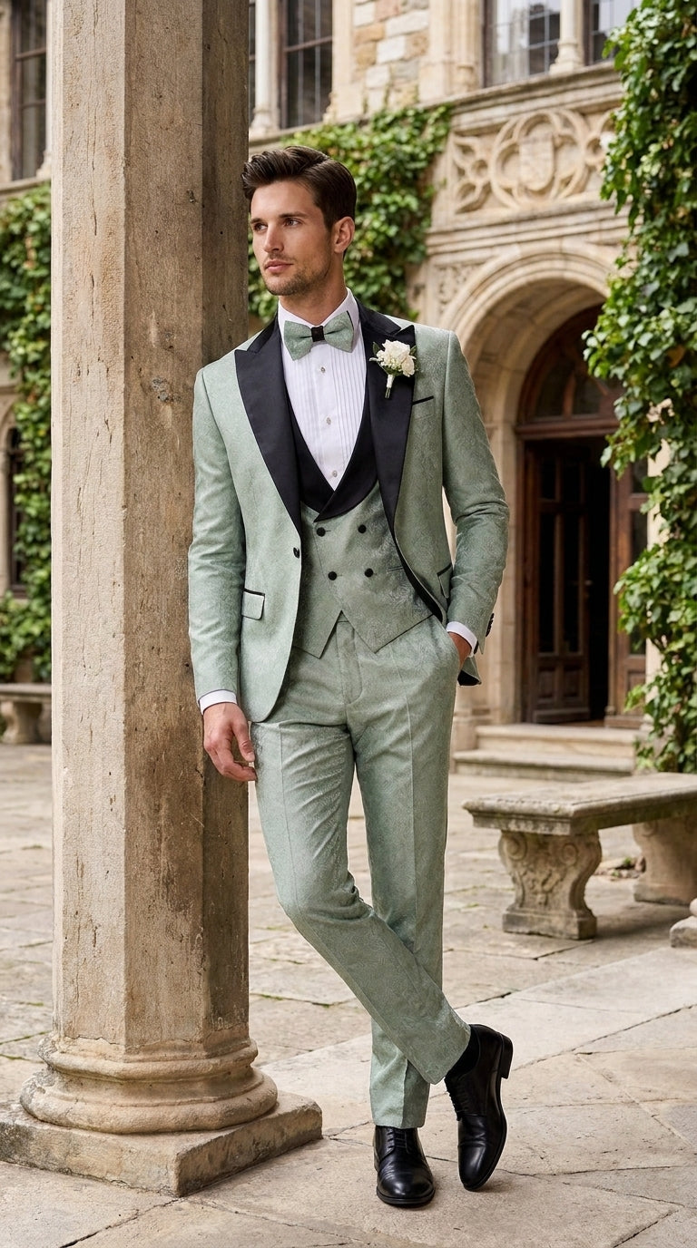 Men’s Sage Green Wedding Tuxedo with Black Shawl Lapel – 3 Piece Groom Prom Suit Mintish Color - 34 Short or Extra Small