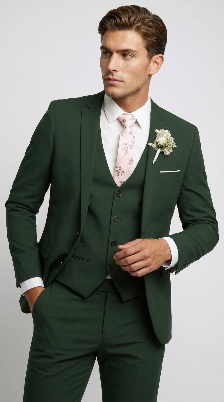 Men’s Forest Green 3 Piece Wedding Suit, Formal Groom Groomsmen Dress Suit Set - 34 Short or Extra Small