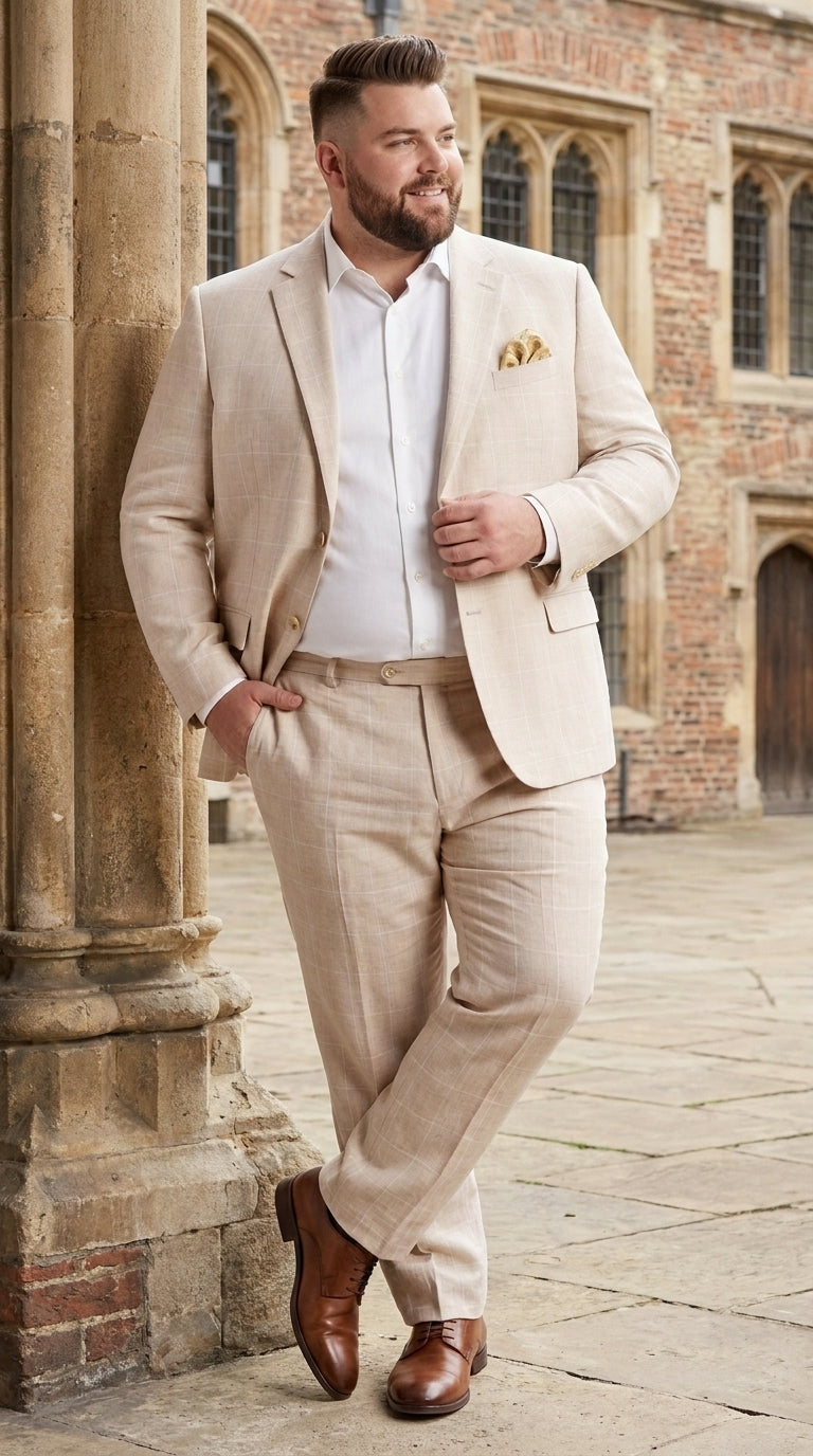 Men’s Big and Tall Beige Linen Suit – Summer Wedding and Formal 2-Piece Suit - 34 Short or Extra Small