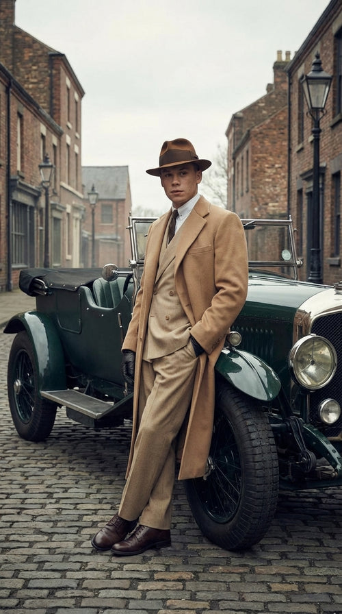 Mens Cashmere & Wool Camel Beige Long Overcoat Peaky Blinders Style Vintage Formal Coat + Suit + Hat Package