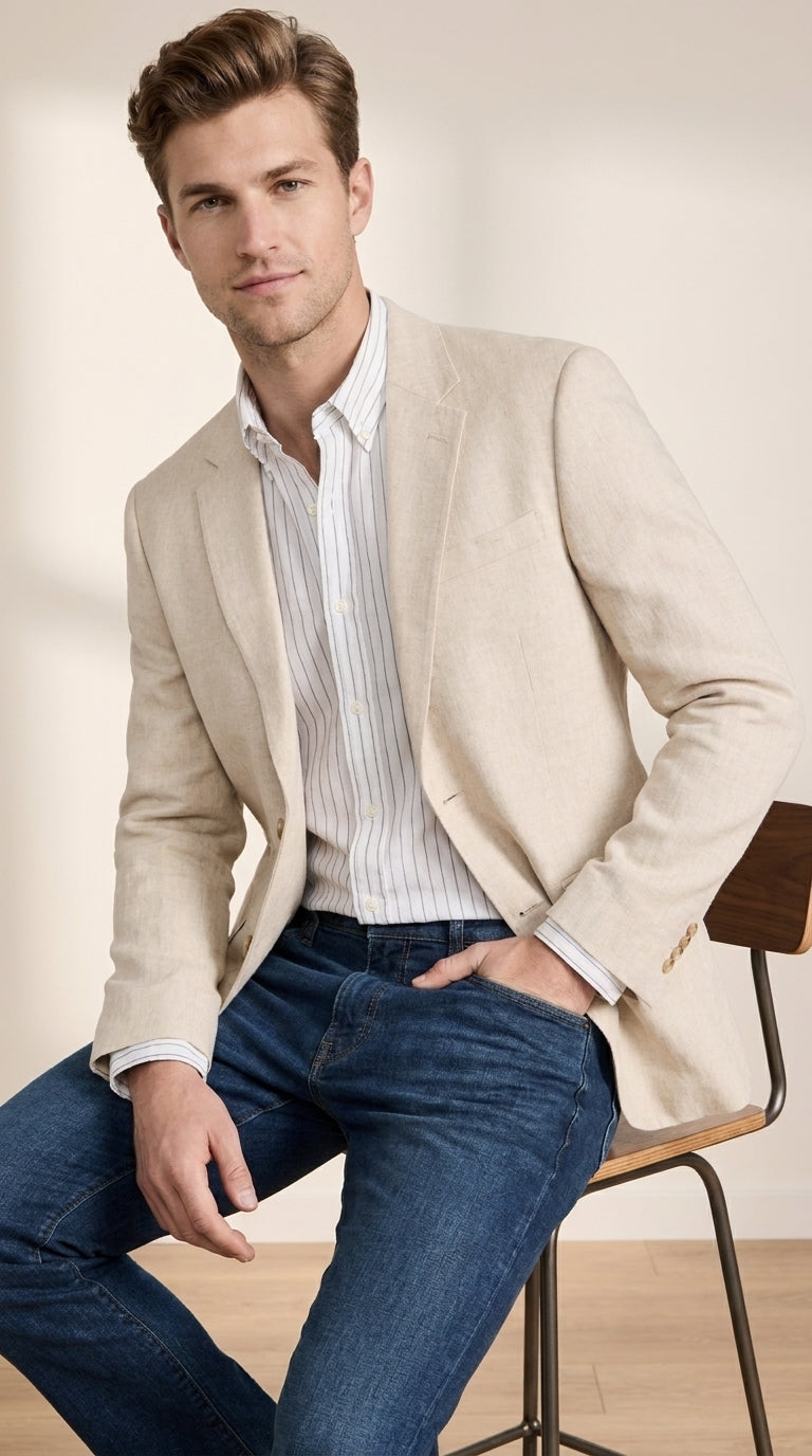 Men’s Light Tan Sport Coat – Classic Two-Button Casual Blazer for Business, Weddings & Smart Casual Wear Modern Fit Linen Fabric - 36 Short