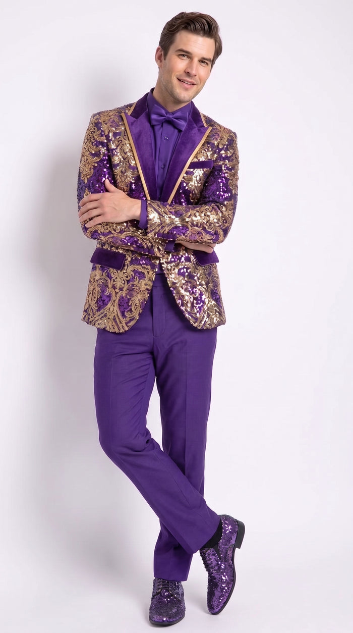 Men’s Purple and Gold Sequin Suit with Pants – Luxury Prom, Wedding and Party Blazer