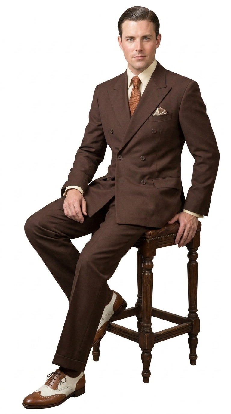 Men’s Brown Vintage Double Breasted Suit, Classic 1940s Style Formal Wedding Business Suit Set - 34 Short or Extra Small