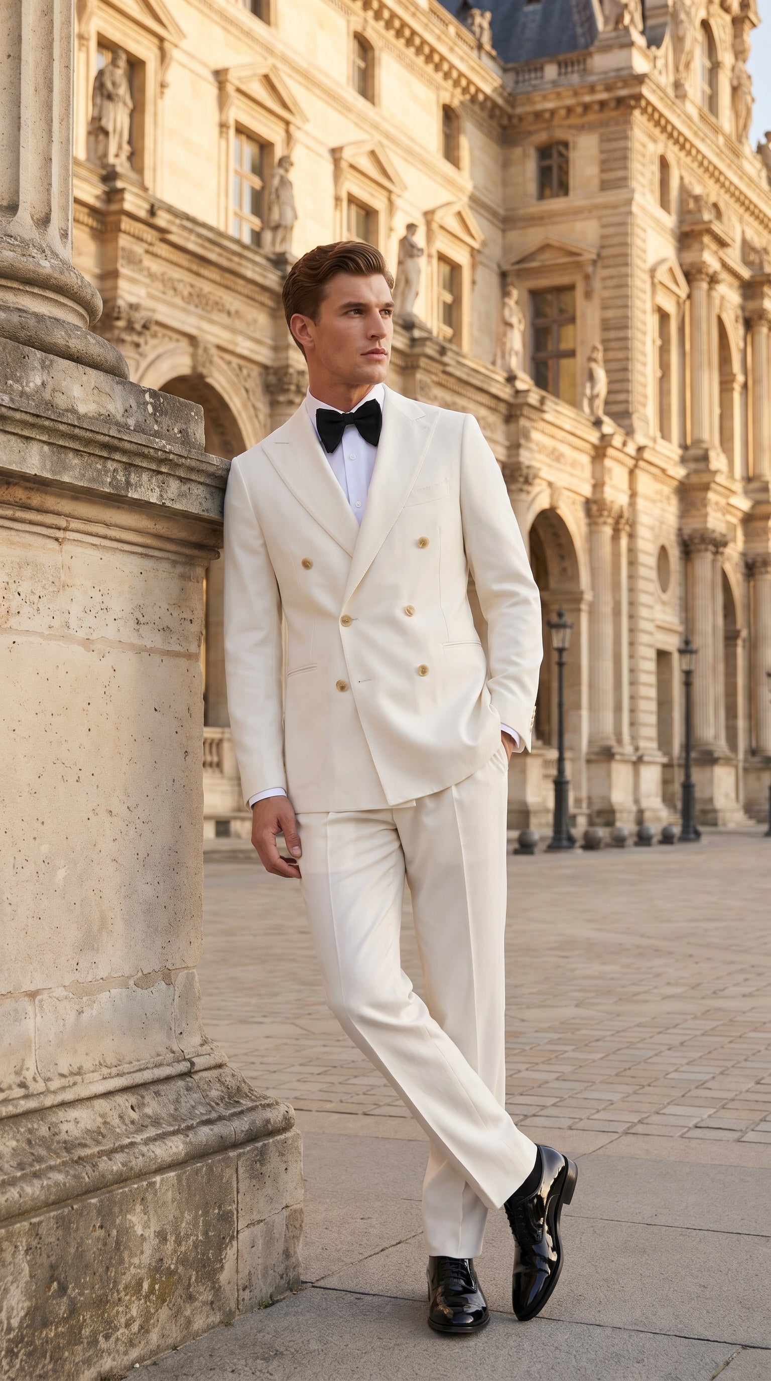 Men’s Ivory Double-Breasted Tuxedo – Gold Button Wedding, Prom and Formal Suit