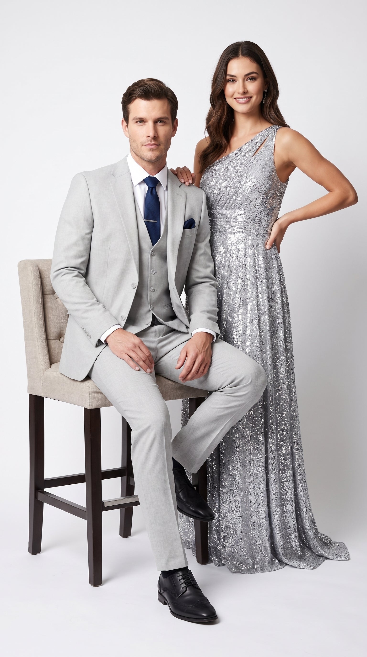 Men’s Silver & Navy Blue 3-Piece Suit – Wedding, Business and Formal Suit with Free Matching Tie - 34 Short or Extra Small