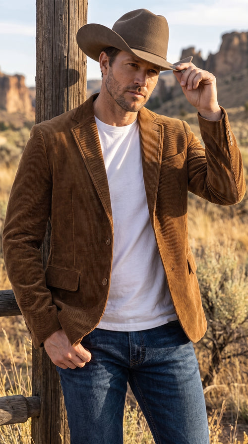 Men’s Brown Corduroy Country Blazer – Two-Button Western Sport Coat for Casual
