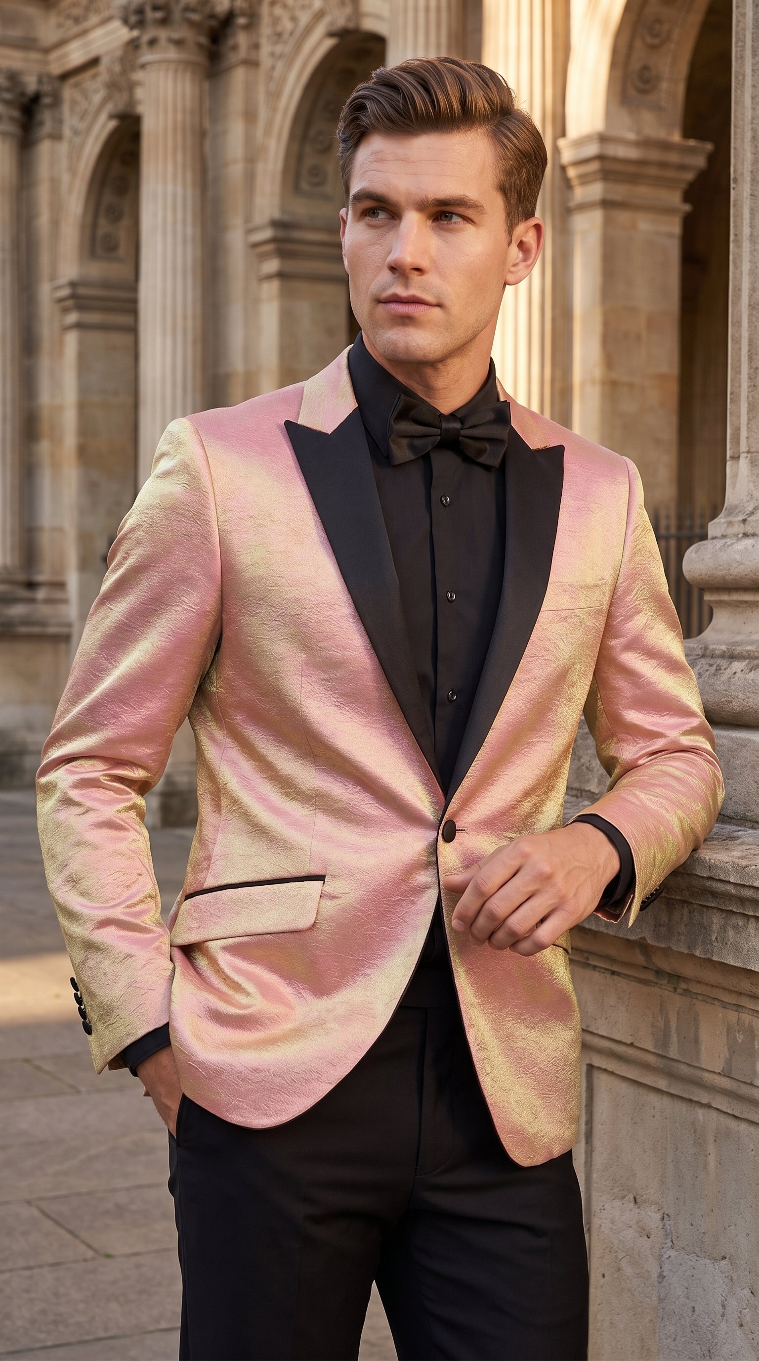 Men’s Rose Gold Tuxedo Jacket – Black Peak Lapel Wedding, Prom and Formal Dinner Blazer - 36 Short