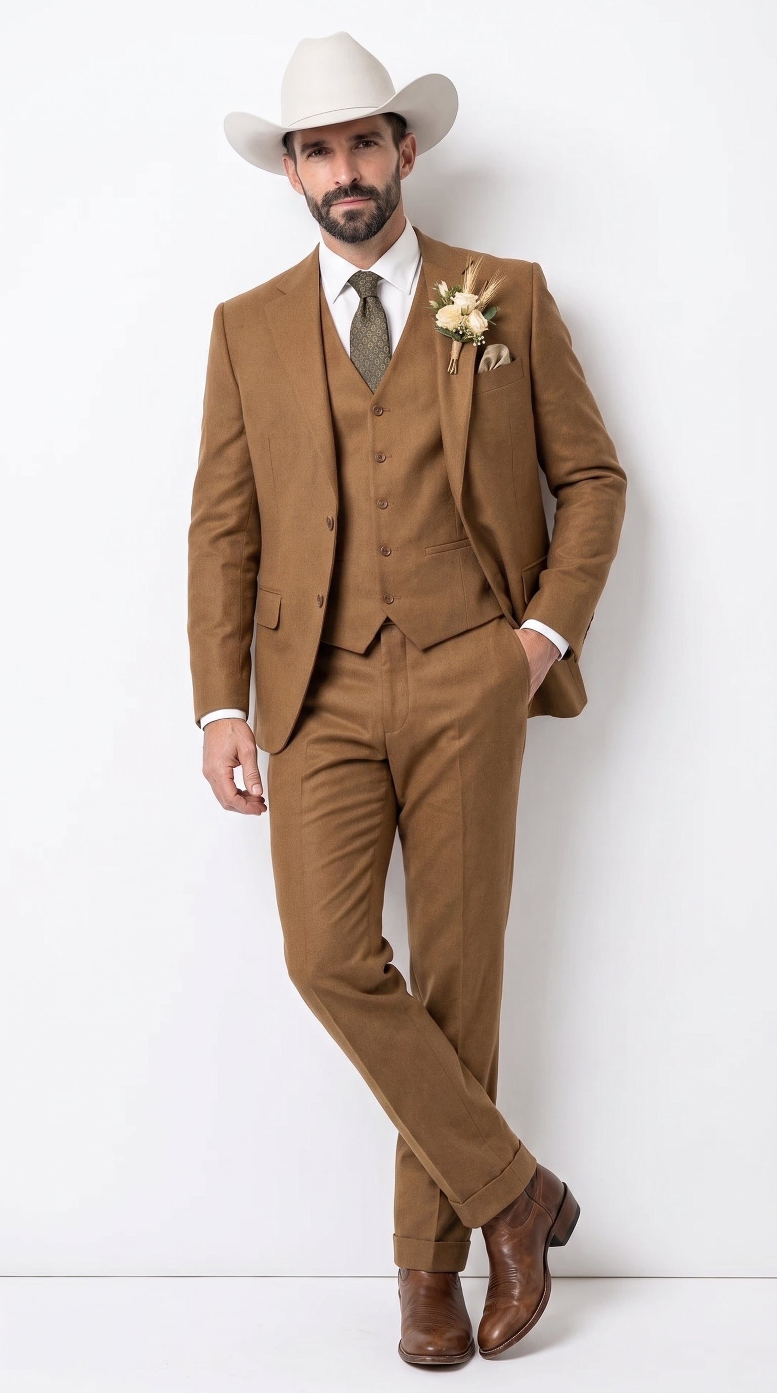 Men’s Tan Groom Outfit Country Wedding 3 Piece Suit Khaki Camel Color Modern Fit - 34 Short or Extra Small