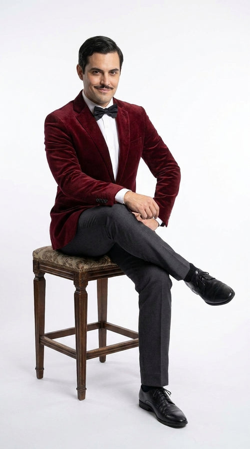 Men’s Gomez Addams Inspired Costume, Burgundy Velvet Blazer with Black Pants Formal Party Outfit Combo