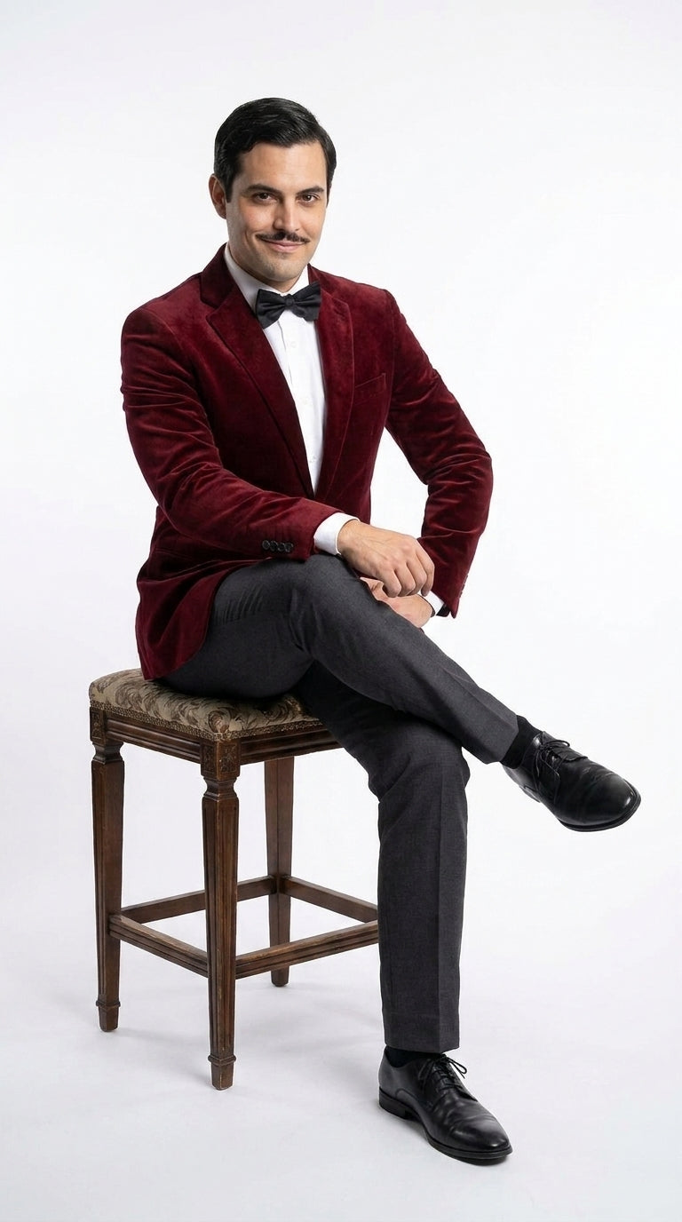 Men’s Gomez Addams Inspired Costume, Burgundy Velvet Blazer with Black Pants Formal Party Outfit Combo - 36 Short