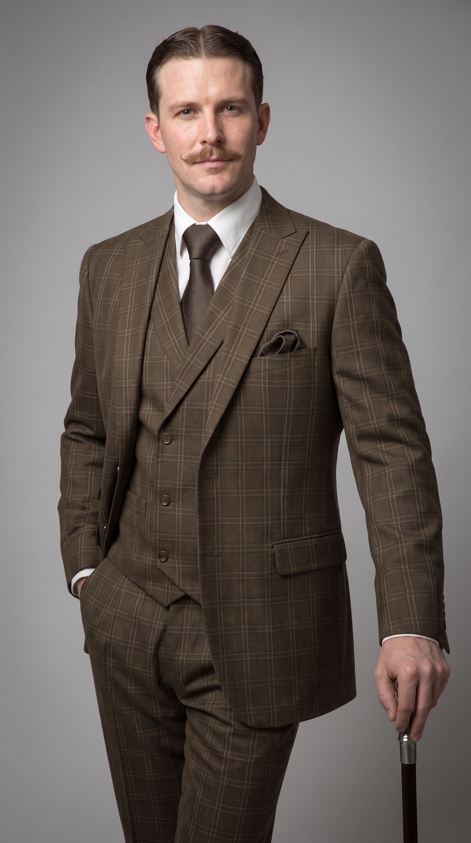 Men’s Edwardian Brown Plaid 3-Piece Suit – Vintage Double-Breasted Vest Wedding and Formal Suit - 34 Short or Extra Small