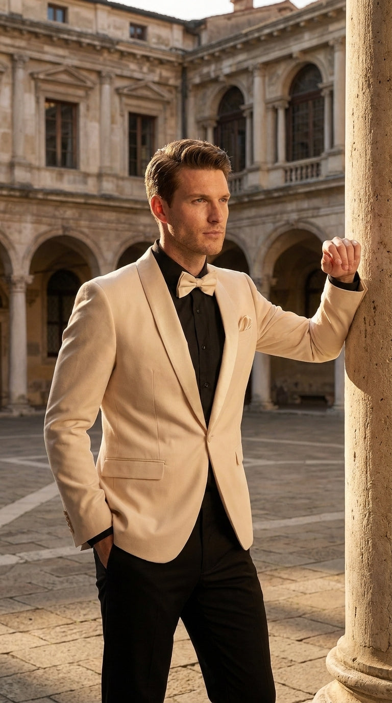 Men’s Champagne Tuxedo Dinner Jacket with Black Pants – Shawl Lapel Wedding, Prom and Formal Blazer - 34 Short or Extra Small