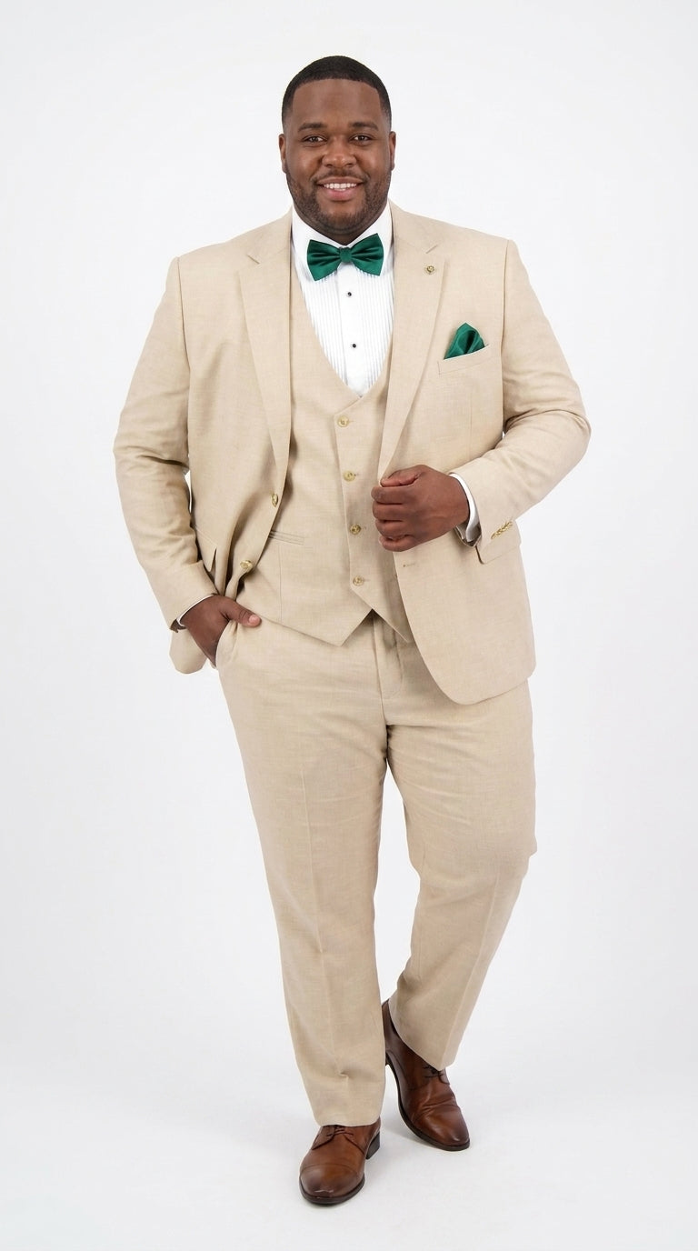 Men’s Khaki Tan 3-Piece Groomsmen Suit – Wedding Suit with Double-Breasted Vest and Pants Great Gatsby Style Gold buttons - 34 Short or Extra Small