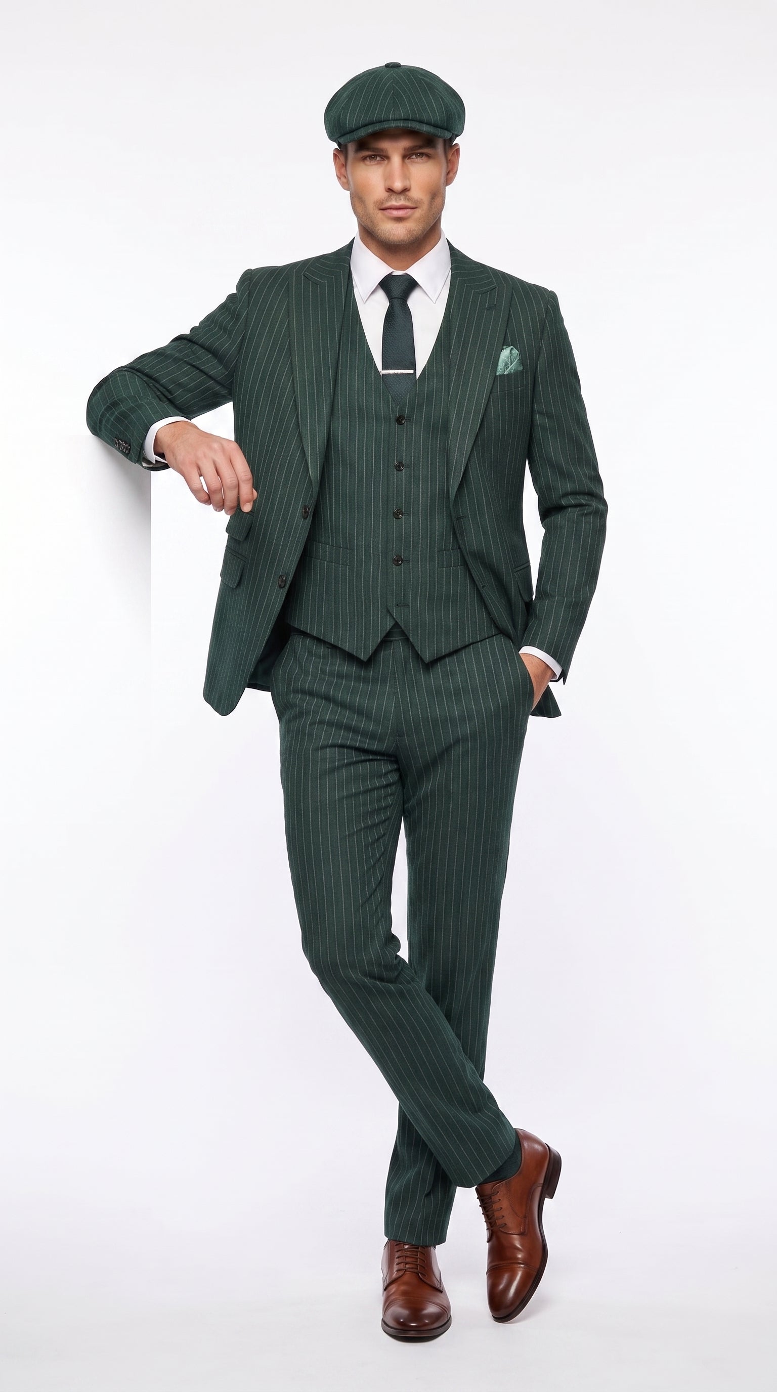 Men’s Hunter Green Pinstripe 3-Piece Suit – Vintage Wedding, Prom and Formal Suit with Matching Vest - 34 Short or Extra Small