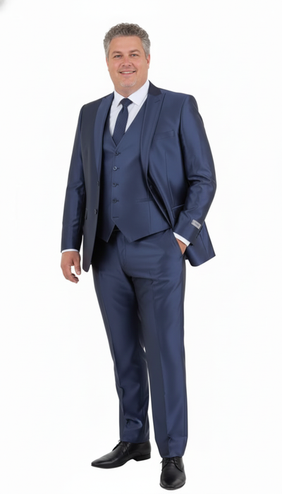 Mens Navy Blue Shiny Finish 3-Piece Suit Set Premium Tailored Fit Formal Wedding and Party Sateen Slim Fitted Suit