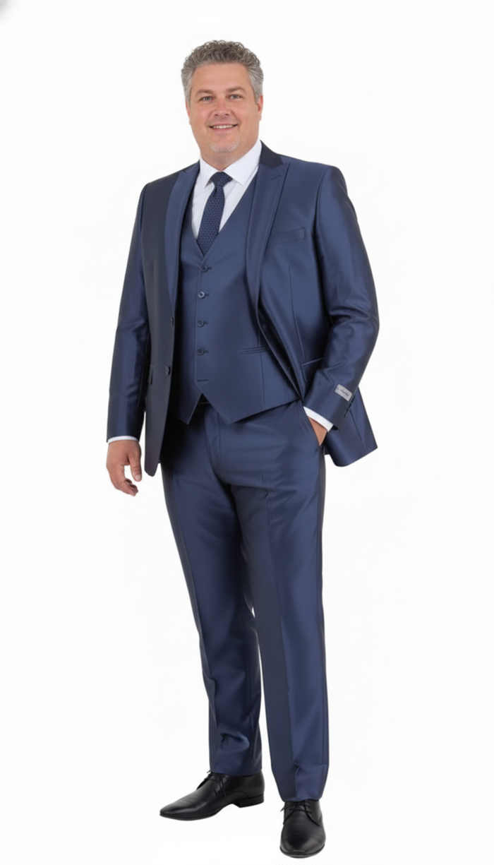 Mens Navy Blue Shiny Finish 3-Piece Suit Set Premium Tailored Fit Formal Wedding and Party Sateen Slim Fitted Suit