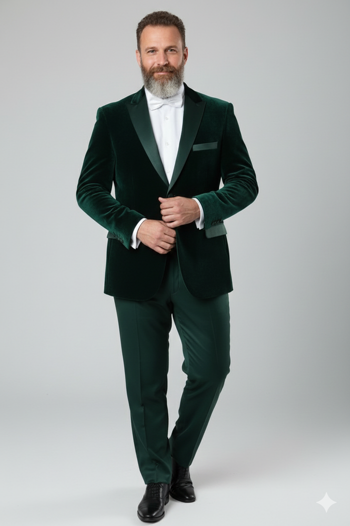 Mens Dark Green Velvet Tuxedo Dinner Jacket Slim Fit Formal Blazer with Satin Peak Lapel Lape