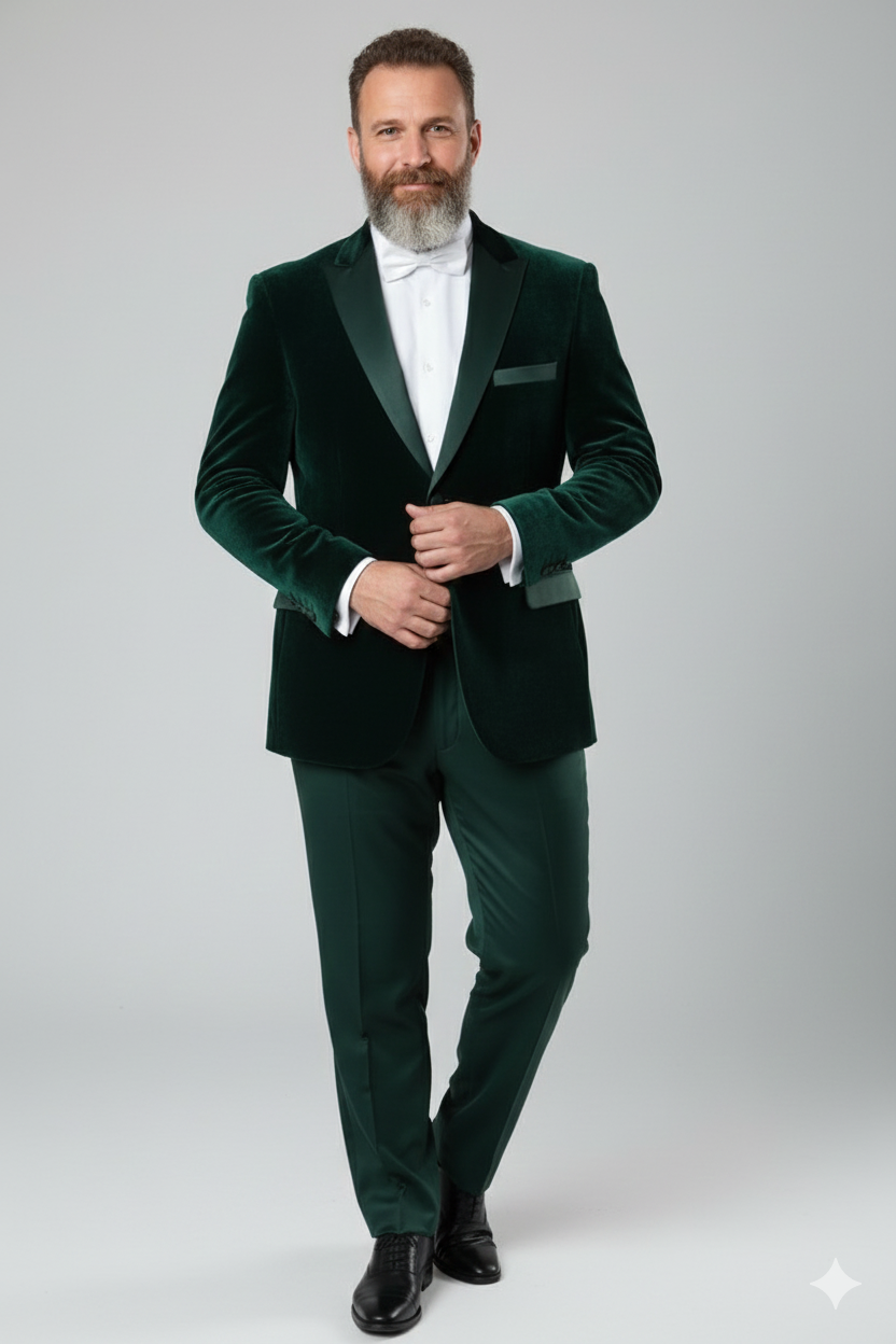 Men’s Dark Green Velvet Tuxedo Dinner Jacket – Slim Fit Formal Blazer with Satin Peak Lapel Lape - 36 Short