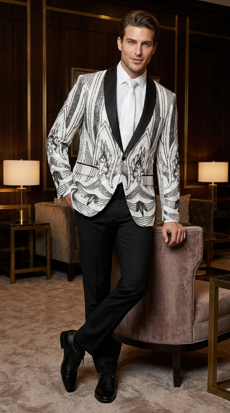 Men’s White and Black Patterned Tuxedo Blazer – Luxury Designer Dinner Jacket for Wedding, Prom and Formal Events New Year Christmas Holiday - 36 Short