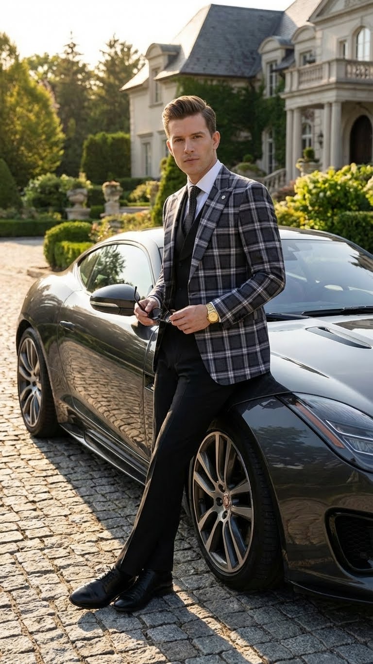 Men’s Big and Tall Charcoal Gray and Black Plaid Blazer – Grey Checker Windowpane Sport Coat - 36 Short