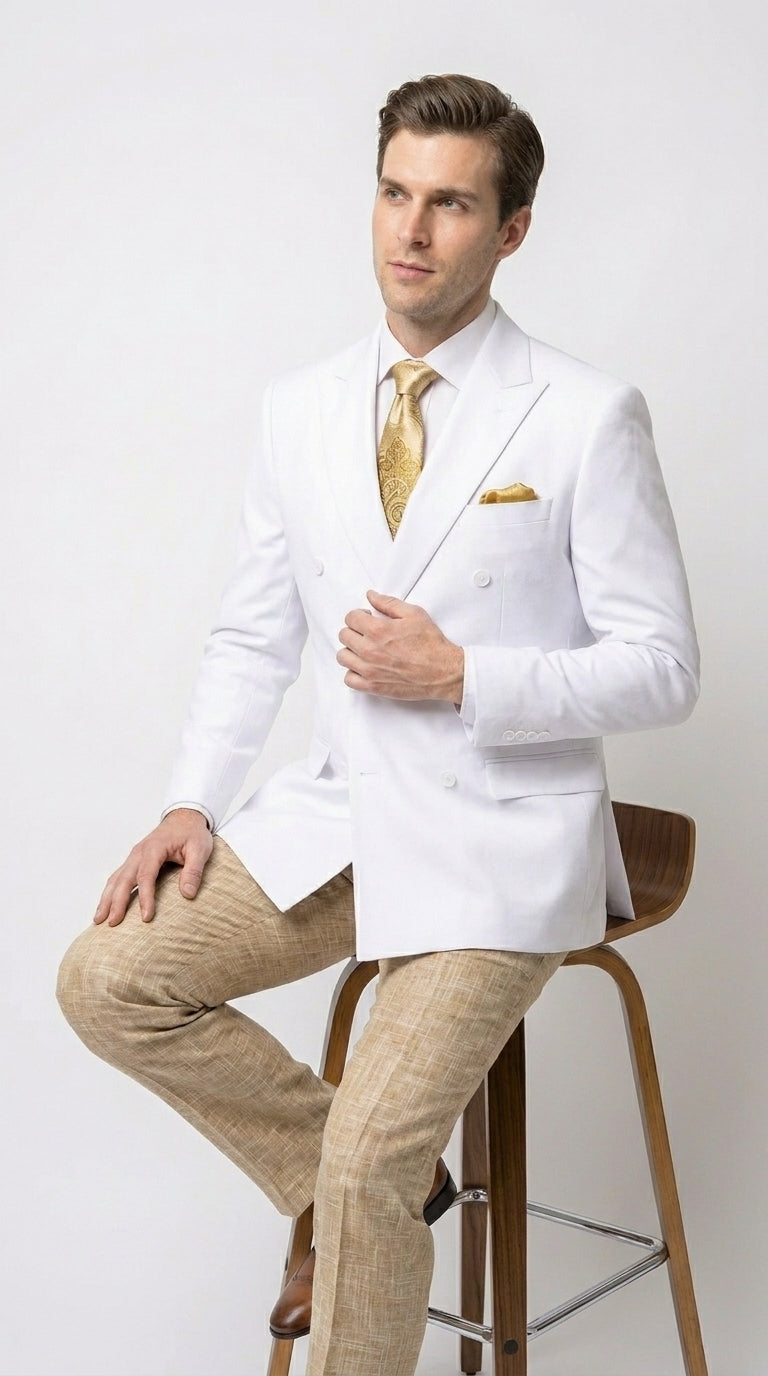 Men’s White Double Breasted Blazer, Formal Dress Jacket for Weddings, Prom, Parties, Dinner Events, and Special Occasions - 36 Short