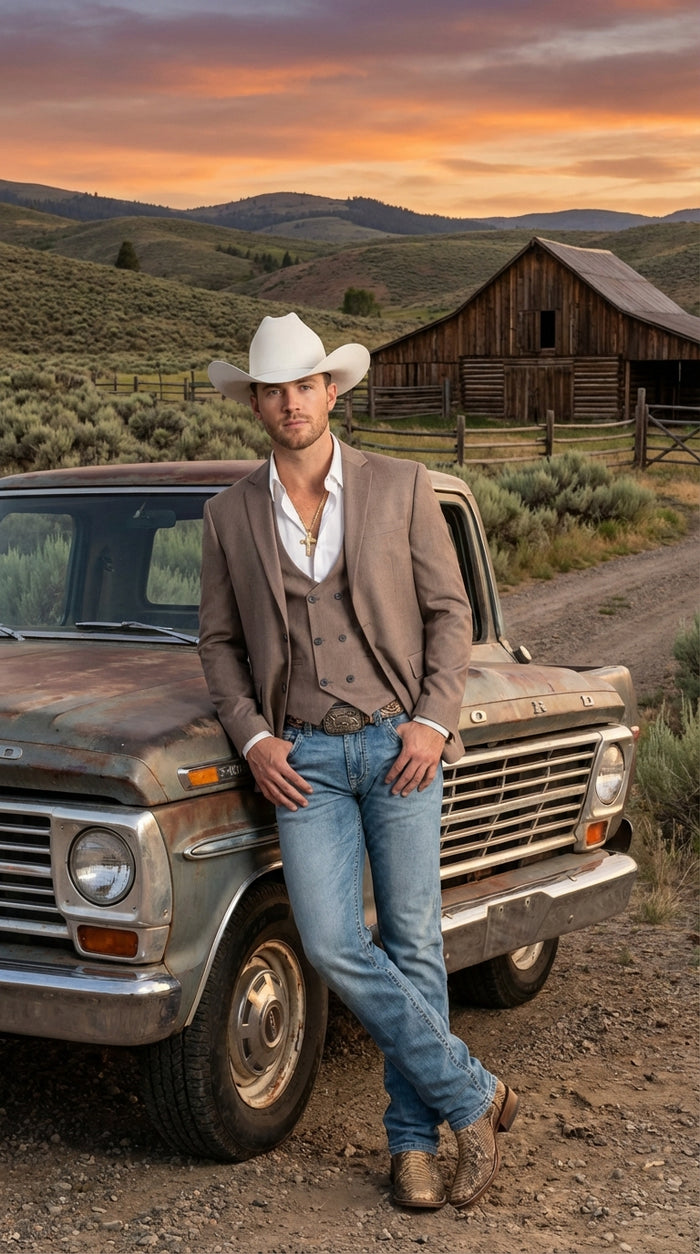 Mens Beige Cowboy Blazer with Double breasted Vest – Western Two Piece Suit Pants included