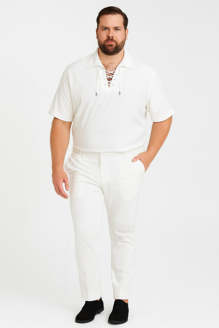Mens White Lace-Up Renaissance Shirt Linen Fabric Short Sleeve Casual Pirate Peasant Top