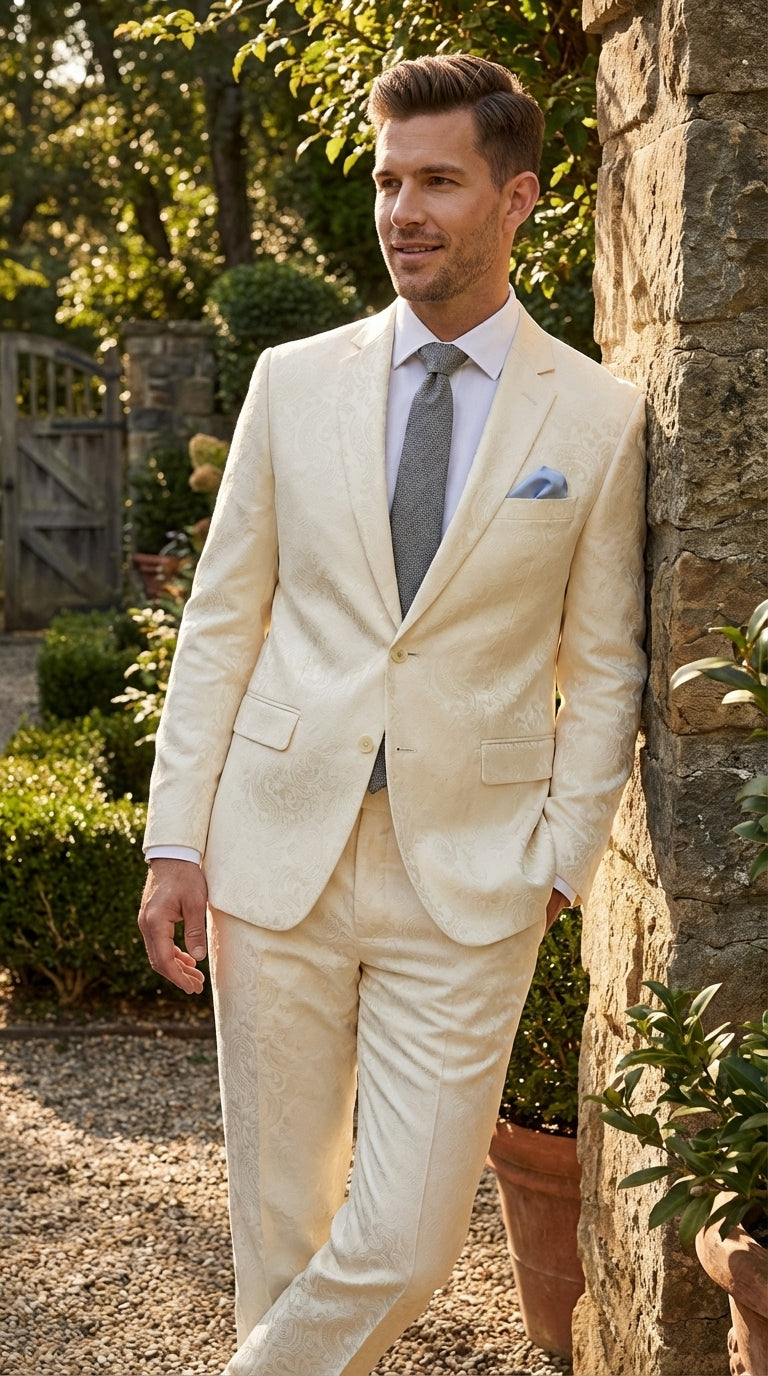 Men’s Ivory Paisley Shiny Suit – Flroal Formal Wedding and Prom Suit for Party, in Cream Off White - 34 Short or Extra Small