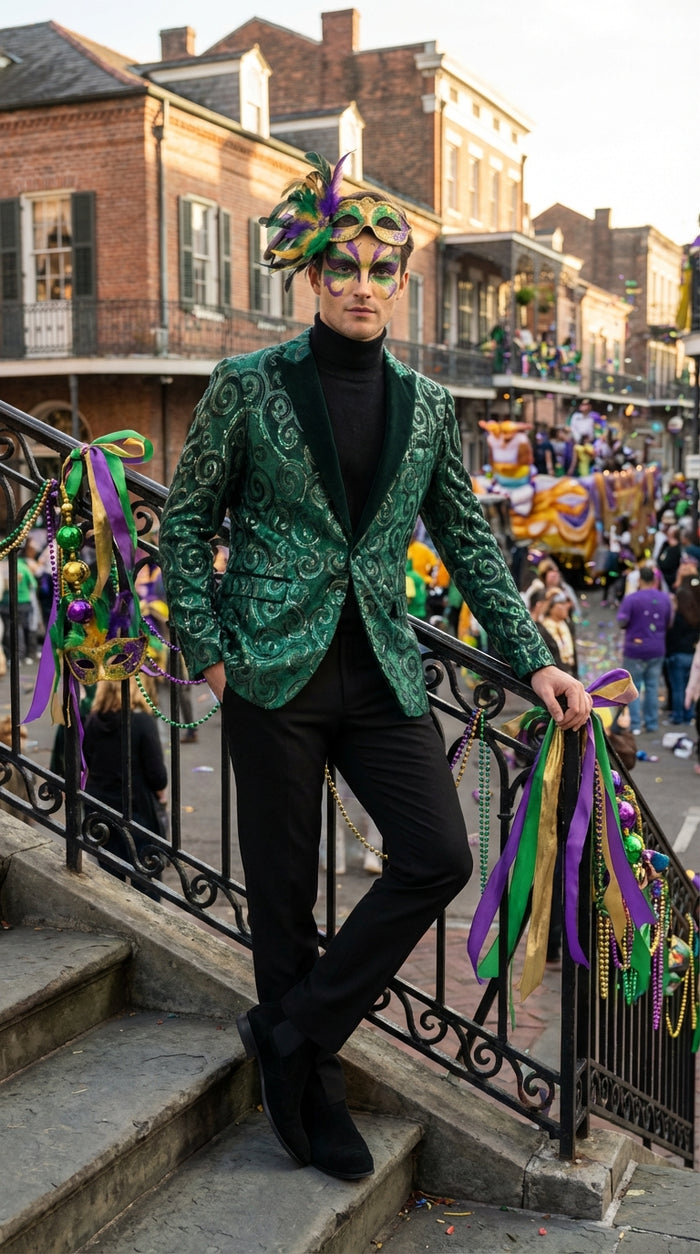 Mens Emerald Green Mardi Gras Blazer with Black Satin Lapel Paisley Swirl Pattern Formal Party Jacket
