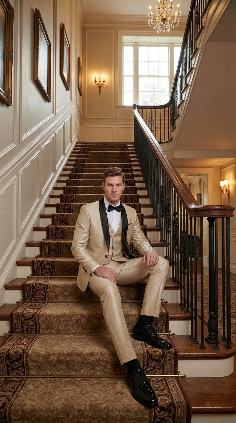 Mens Champagne Beige Shiny Tuxedo 3 Piece Suit with Black Shawl Lapel | Formal Wedding Prom Suit Set in Sand Light Tan Color