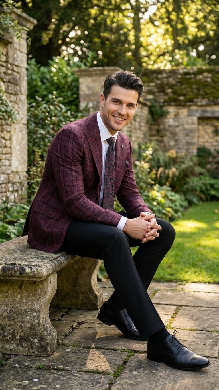 Menâ€™s Burgundy Check Blazer â€“ Windowpane Plaid blazer in Maroon Wine Color - 36 Short