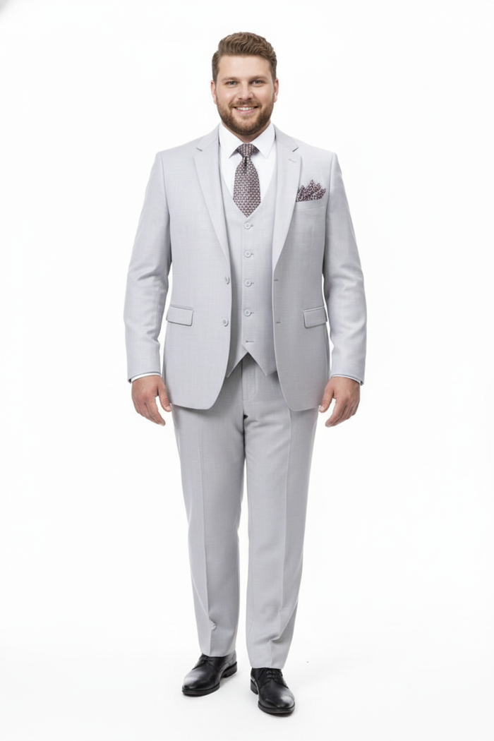 Mens Very Light Gray Three-Piece  Wedding Suit 2 Buttons Modern or Slim Fit  Ash Bone Color Steel Grey