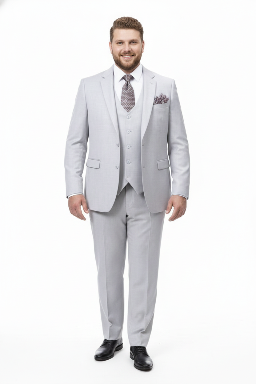 Men’s Very Light Gray Three-Piece  Wedding Suit 2 Buttons Modern or Slim Fit  Ash Bone Color Steel Grey - 34 Short or Extra Small