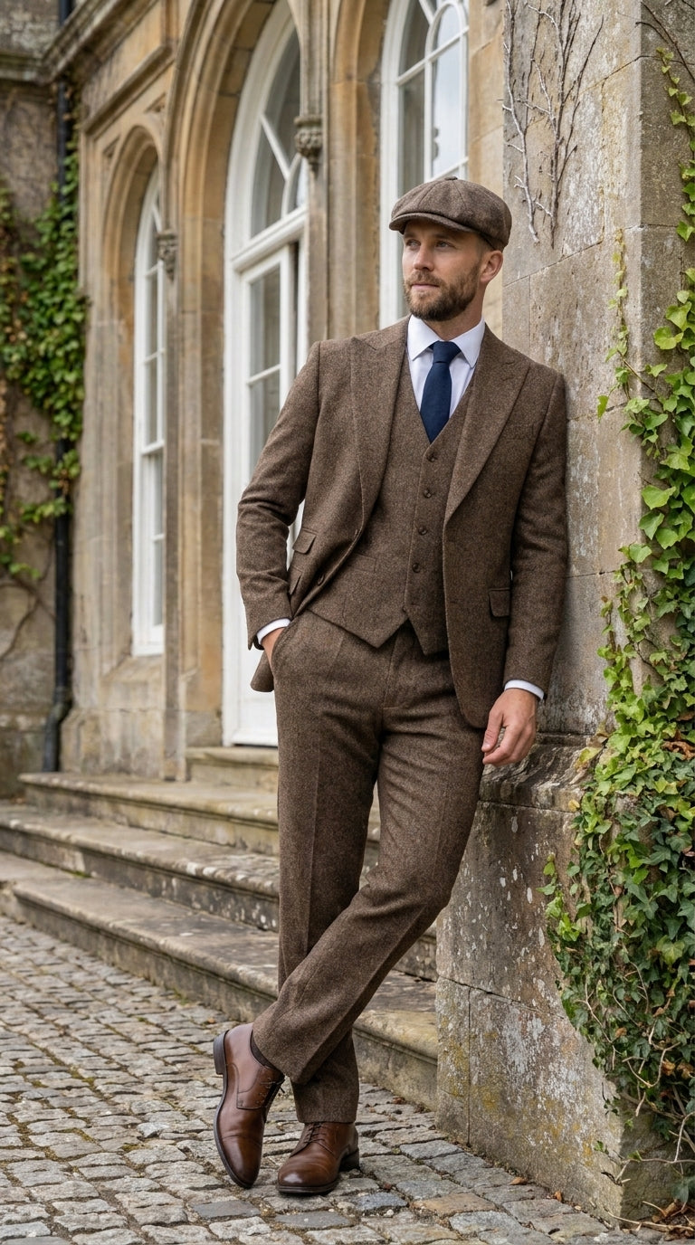 Peaky Blinder Men’s Brown Tweed 3-Piece Suit – Vintage Wedding, Business and Formal Suit with Matching Vest and Pants - 34 Short or Extra Small