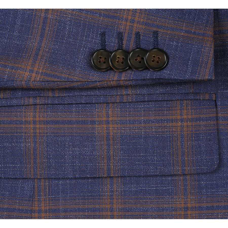 "Men's Slim Fit Navy Blue & Gold Windowpane Plaid Sport Coat Blazer" - 36 Short