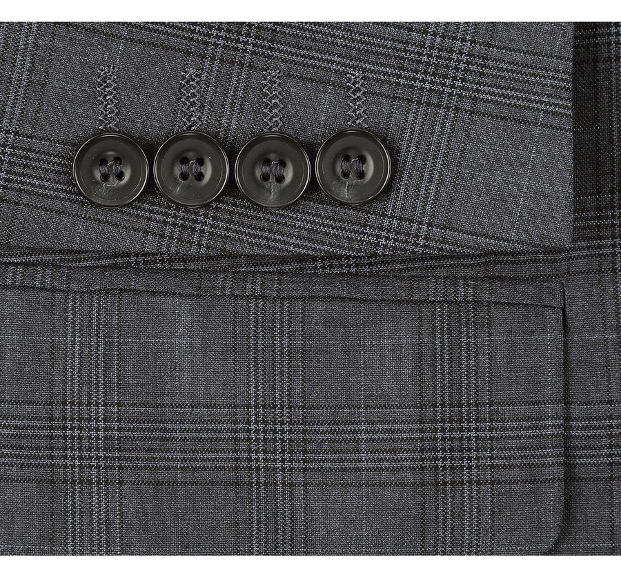 "Charcoal Grey Windowpane Plaid Men's Classic Fit Vested Suit - Two Button"