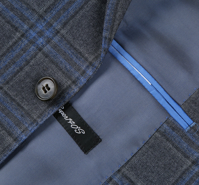 "Classic Fit Men's Wool Suit - Two Button Vested in Grey & Blue Windowpane Plaid"