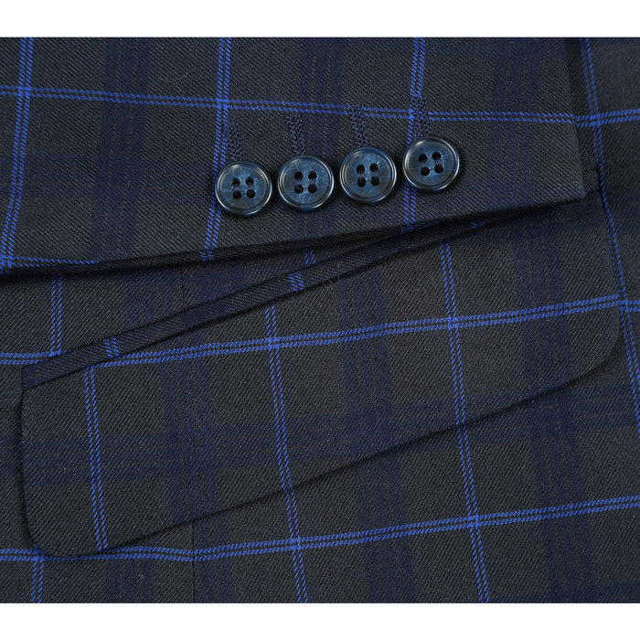 "Dark Blue Slim Fit Men's Suit - Two Button, Wide Windowpane Plaid"