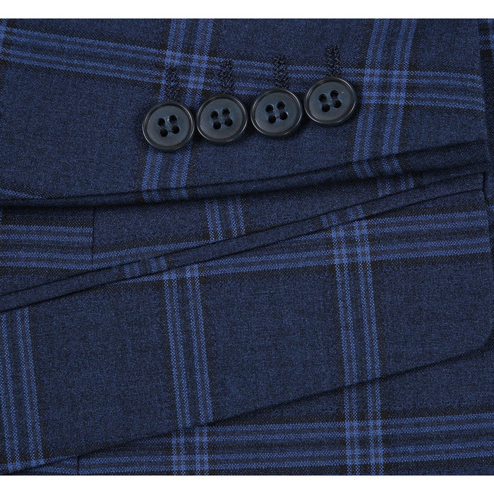 "Dark Navy Slim Fit Men's Suit - Two Button Stretch, Wide Windowpane Plaid"