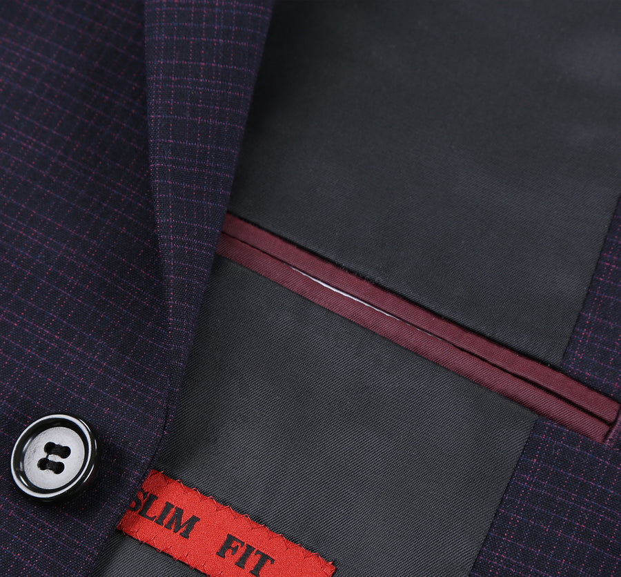 "Men's Slim Fit Two Button Suit - Black & Magenta Mini Check"