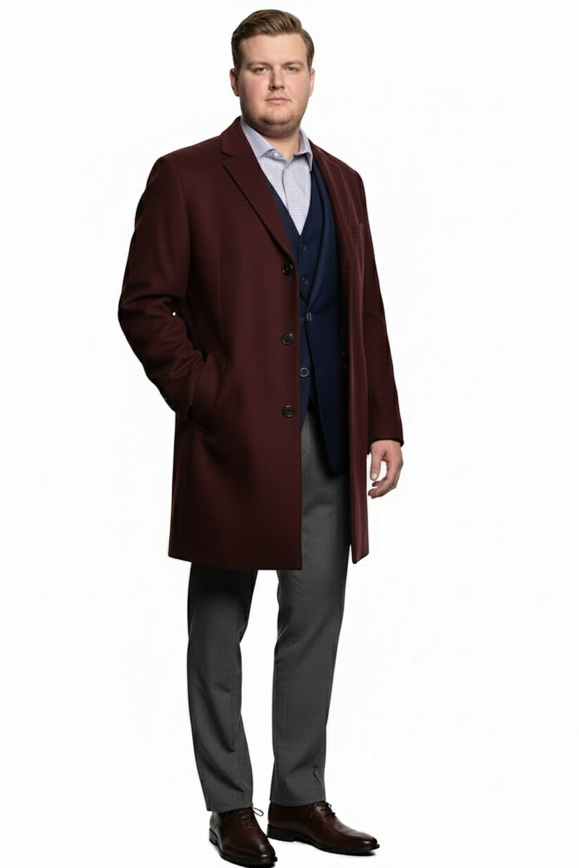 Mens Burgundy Wool and Cashmere Car Coat Classic Winter Topcoat for Business and Formal Wear