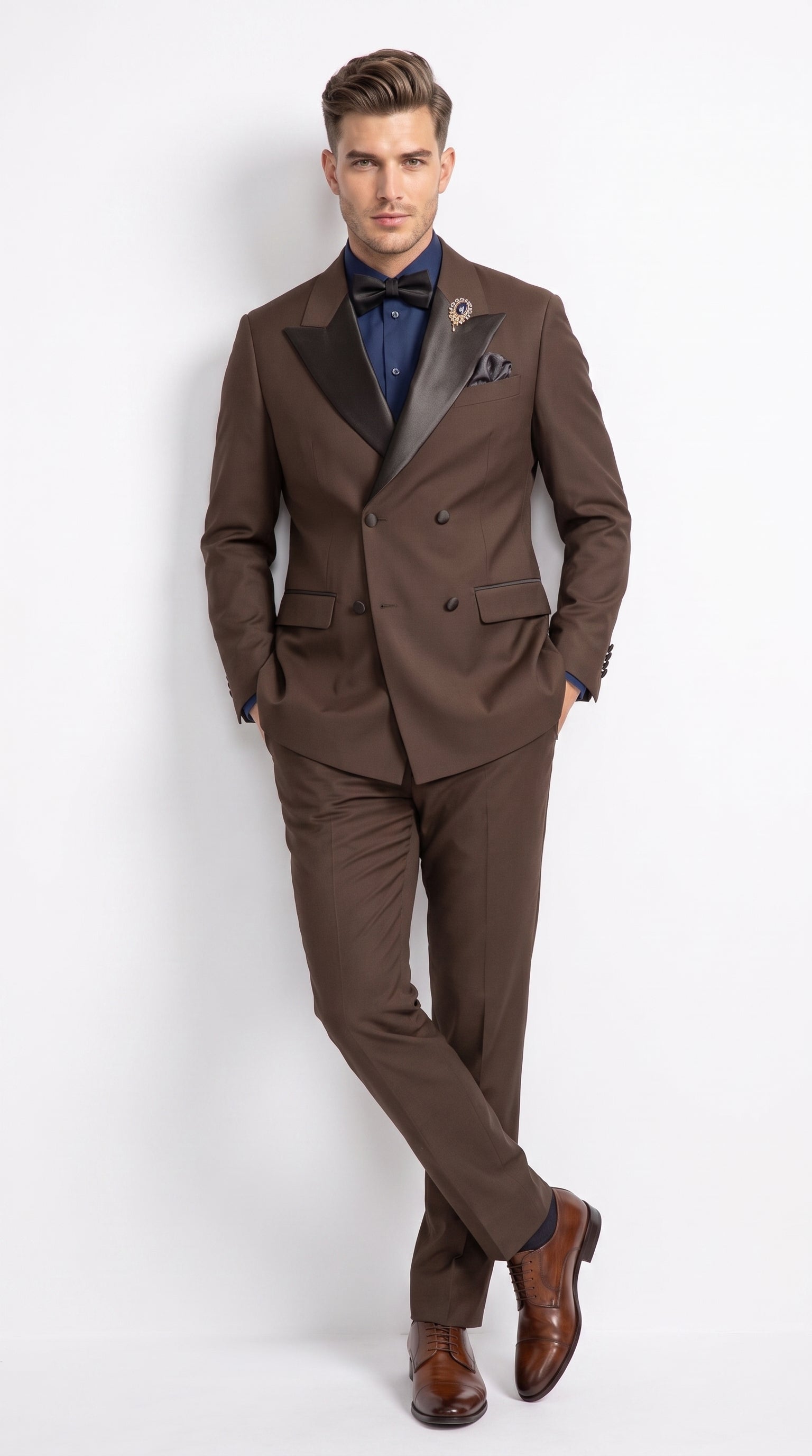 Men’s Brown Double Breasted Tuxedo – Satin Peak Lapel Formal Wedding & Prom Suit