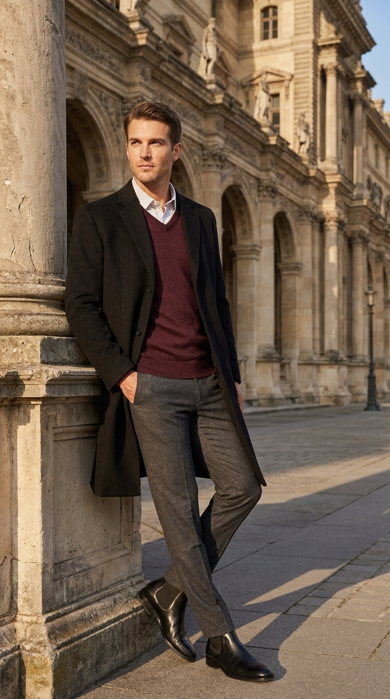 Men’s Big and Tall Black Cashmere Overcoat – Full-Length Winter Dress Coat for Business and Formal Wear - Coat Size 38