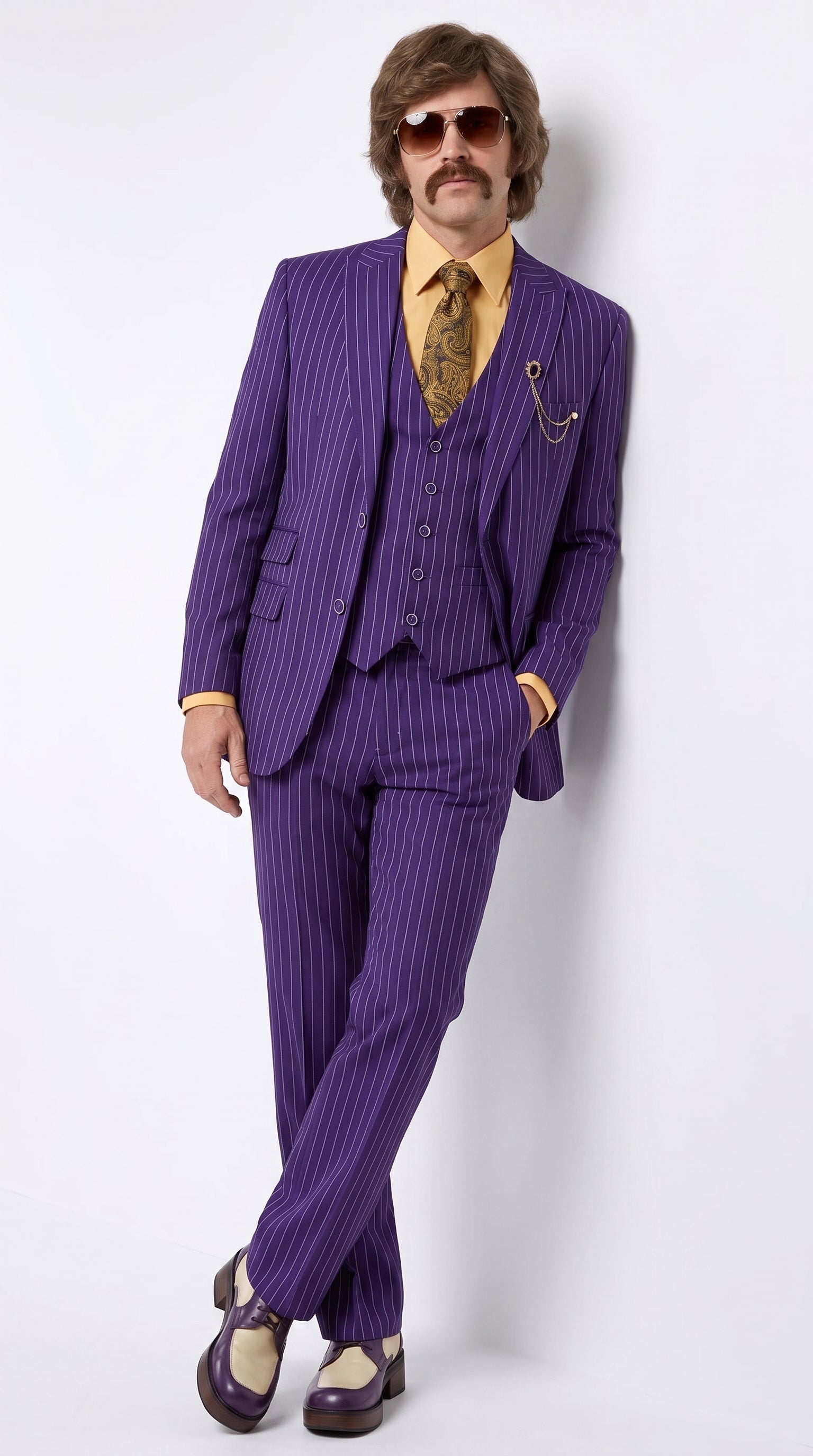Men’s Purple Pinstripe 3-Piece Suit – 1970s Disco, Pimp, Retro Rockabilly and Party Suit - 34 Short or Extra Small