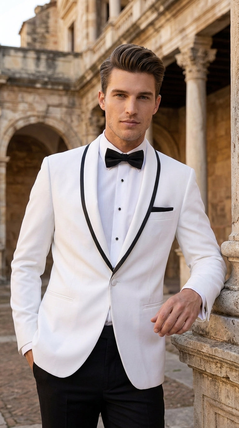Men’s White Tuxedo Jacket – Black Trim Shawl Lapel Formal Dinner Blazer for Weddings, Prom Wedding Blazer Modern fit - 36 Short