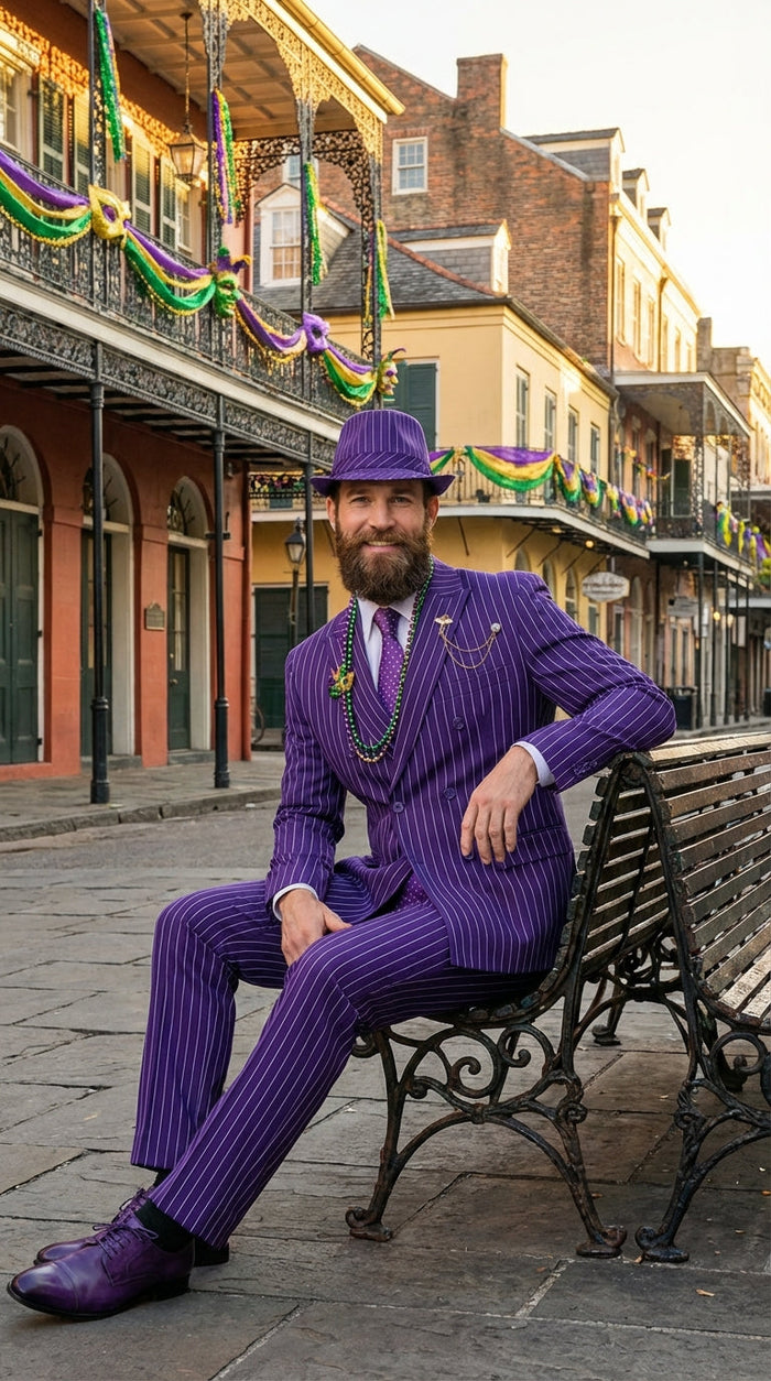 Mens Purple Pinstripe Mardi Gras Suit | Classic Double Breasted Formal Carnival Suit