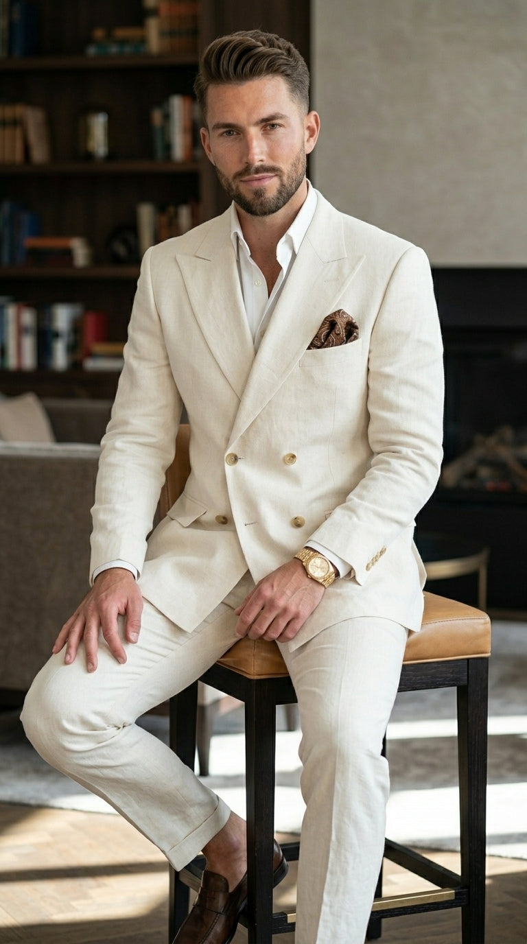 Men’s Ivory Linen Double Breasted Blazer, Lightweight Wedding Dinner Sport Coat Jacket Cream Off White - 36 Short