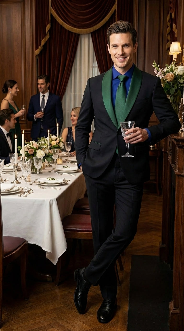Men’s Black Suit with Hunter Green Shawl Lapel – Black and Hunter Green Formal Tuxedo Suit for Wedding, Prom With Bow Tie - 34 Short or Extra Small