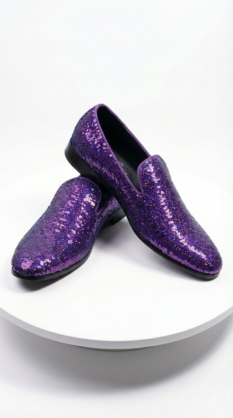 Mens Purple Sequin Dress Shoes Slip on  – Luxury Slip On Formal Loafers Wedding Prom Party Designer Footwear - 6 Standard / D / Medium