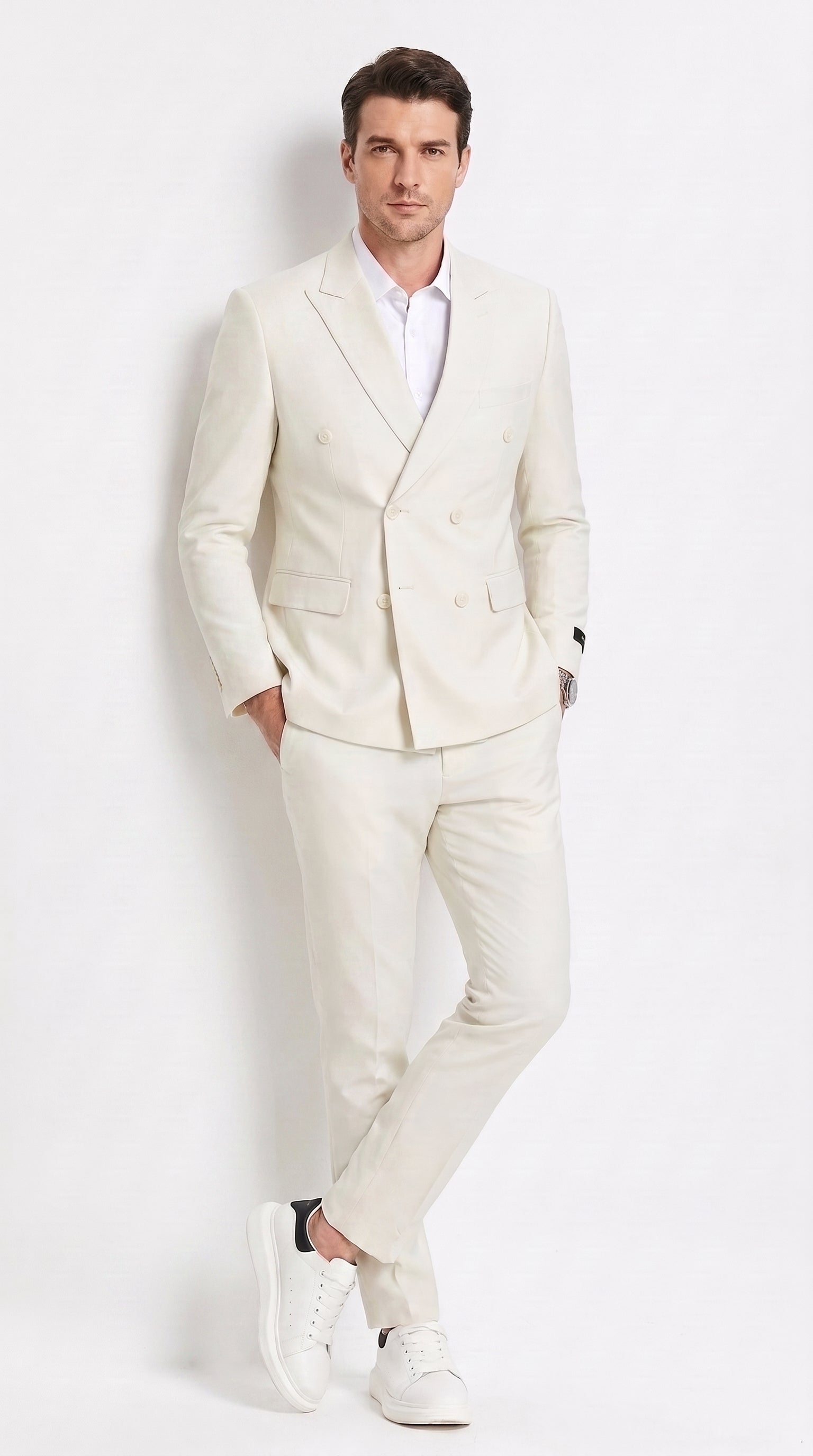 Men’s Ivory Cream Double-Breasted Linen Suit – Off-White Summer Wedding Slim Fitted 2-Piece Suit Cream Color - 34 Short or Extra Small